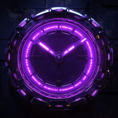Futuristic digital clock with vibrant purple neon lights