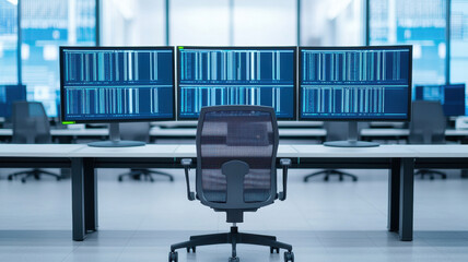 Modern control room with multiple computer screens displaying data