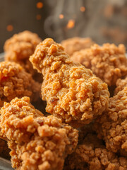 Crispy fried chicken on the plate.with tasty spiced.with blured fire background.