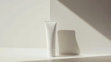 A white tube of lotion sits on a white surface against a white background, with a single beam of sunlight casting a shadow on the wall behind it.