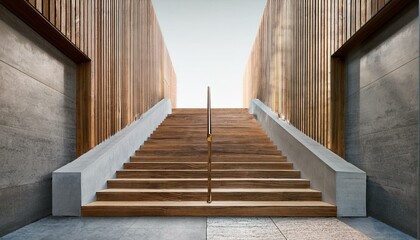 Fototapeta premium Perspective view on wooden and concrete stairs between wooden and concrete wall at the entrance. 3D rendering, mock up