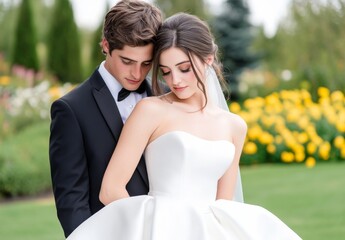 Naklejka premium Capturing timeless love a romantic wedding portrait in nature's embrace