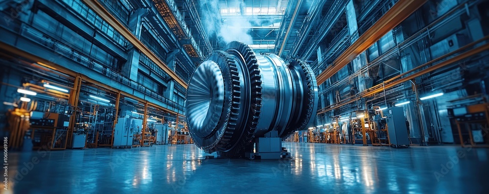 Poster a large industrial turbine in a factory setting