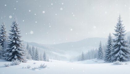 Obraz premium Serene Winter Landscape with Snow-Covered Pine Trees and Hills.