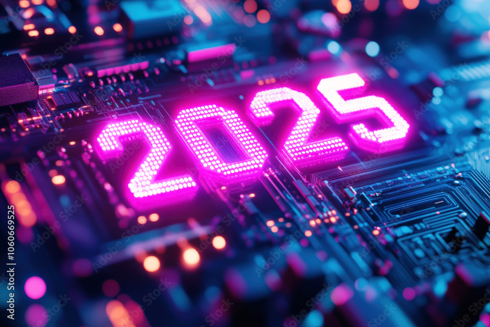 Poster a vibrant circuit board displays the year 2025 with illuminated numbers in neon colors, highlighting
