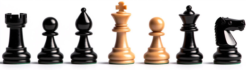 This image features a lineup of chess pieces including both black and tan colors representing the intricate and strategic game of chess often referred to as the game of kings.