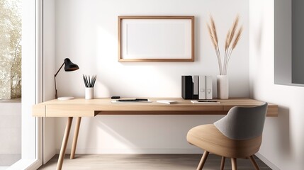 Minimalist home office setup with wooden desk, modern chair, black lamp, framed art, and decorative vase in bright environment