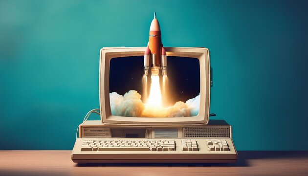 Retro-inspired digital art of a rocket launch from a vintage computer. Generative AI