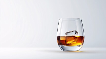 A glass of whiskey with an ice cube, highlighting rich amber tones and a minimalist aesthetic against a plain background.