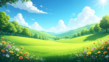 Vibrant Outdoor Park Scene with Blooming Wildflowers and Blue Sky