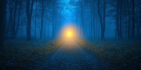 Fototapeta premium A Path of Light Through a Foggy Forest at Dusk