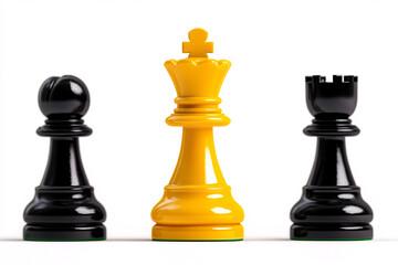 This image showcases a scene with three distinct chess pieces emphasizing the strategic depth and competitive nature of the game through their unique colors and forms.