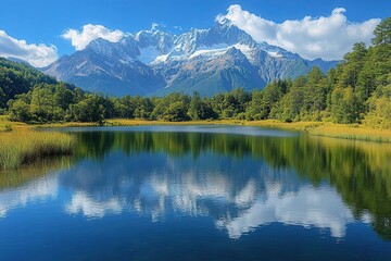 Fototapeta premium breathtaking view of a beautiful mountain range mirrored in a serene lake capturing natures grandeur with vibrant colors and tranquil reflections