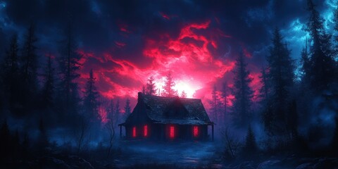 A Cabin in the Woods at Night with Glowing Windows and a Crimson Sky