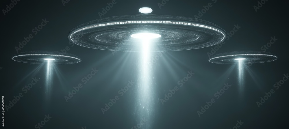 Canvas Prints three alien ufo vehicle with light beam. unidentified flying object. generative ai technology.
