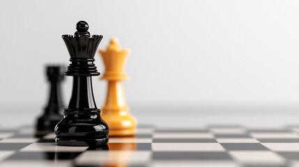 This image captures the essence of a competitive chess game showcasing the black and golden pieces poised for strategic maneuvers on a classic checkerboard. The focus is on the intricacies of thought