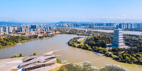 Aerial Scenery of Chang'an Tower in Xi'an World Expo Park, Shaanxi, China