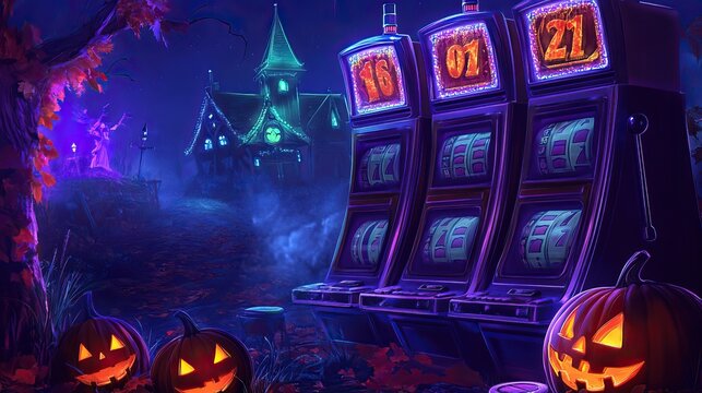 Halloween themed casino slots reels on background, Halloween, spooky, casino, slots, gambling, betting, reels,pumpkins . 