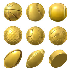 A set of golden balls used in the sports of basketball, baseball, tennis, golf, soccer, volleyball, rugby, American football, and hockey. 3D render