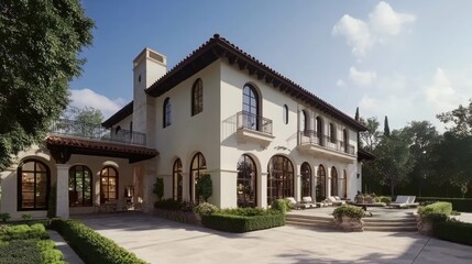 Fototapeta premium A large white modern mansion with a tiled patio and a lush green lawn.