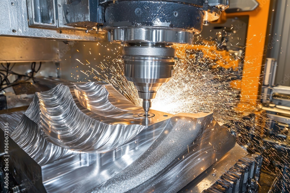 Poster cnc machine cutting a metal part with sparks flying