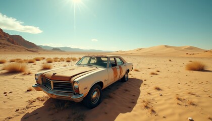 Obraz premium Vast Desert Landscape with Abandoned Car and Distant Sand Dunes.