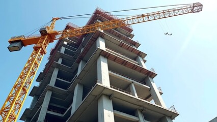 Construction site with skyscraper, busy and in progress