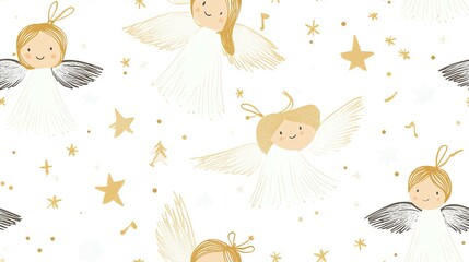 Cartoon angels and stars seamless pattern, white background
