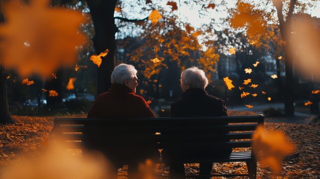 A serene autumn scene featuring two elderly individuals sitting on a bench, surrounded by falling leaves in a park.