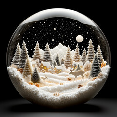 Enchanting paper-cut diorama of a snowy Christmas scene inside a glass globe, featuring pine trees, a cozy village, deer, and a starlit sky with mountains. Concept of winter wonderland, holiday magic.