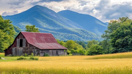 Obraz premium A weathered, red-roofed barn stands in a field of golden wheat, with a majestic mountain range as the backdrop.