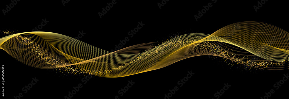 Poster abstract gold waves. shiny golden lines and flowing dots paticles design element on black background