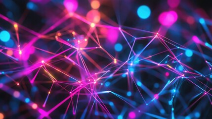 Fototapeta premium Abstract digital network with glowing lines and nodes in pink and blue.