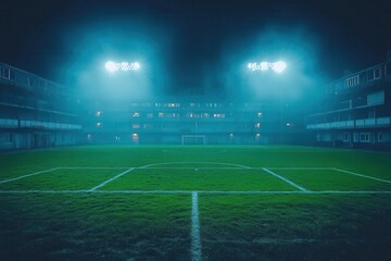 Fototapeta premium bright stadium lights illuminating a soccer field against a deep night sky capturing the excitement and energy of a game in progress evoking a sense of thrill and anticipation