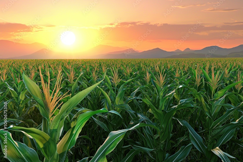 Poster sunset over a field of corn with silhouetted mountains in the background