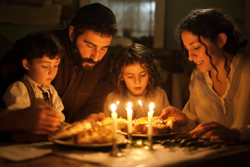 A Jewish family gathered around the Shabbat table, lighting the candles and reciting blessings.