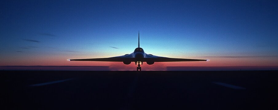 Silhouette of a supersonic jet landing at dusk