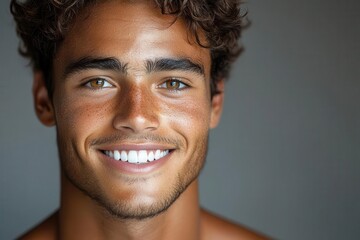 Fototapeta premium bright closeup portrait of a young man flashing a radiant smile against a neutral grey background enhancing the effect of his perfectly whitened teeth and contagious positivity