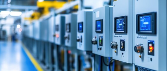 Control panels in an industrial setting, showcasing automation technology.