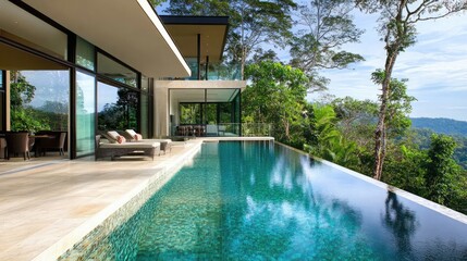 A modern house with a large infinity pool overlooking a lush green jungle. The pool is crystal clear and the view is breathtaking.