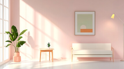 Fototapeta premium Cozy minimalist living room with soft pink walls and natural light
