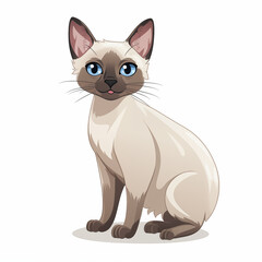 Fototapeta premium A cute cartoon Siamese cat sitting calmly on a plain white background with a joyful expression