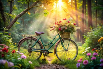 Fototapeta premium Nostalgic Double Exposure of an Old Bicycle Surrounded by Nature's Beauty – Vintage Charm, Eco-Friendly Lifestyle, Retro Aesthetic, and Tranquil Scenery