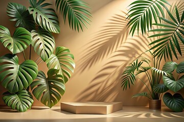 Fototapeta premium Elegant beige background adorned with tropical foliage and gentle shadows, perfect for product presentations. Offers plenty of copy space to highlight your brand's message.