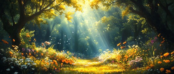 Fototapeta premium Whimsical landscape illustration of a magical garden adorned with brilliant trees and fantastical flowers