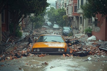 Fototapeta premium A Yellow Car Submerged in Debris After a Catastrophic Event