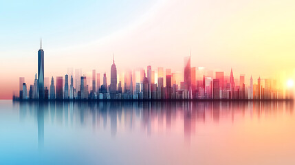 Stylized minimalist city skyline at sunrise with reflections