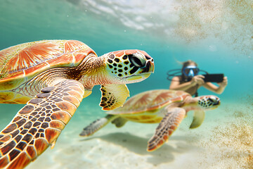 Fototapeta premium a tourist photographing sea turtles while diving in crystal clear waters