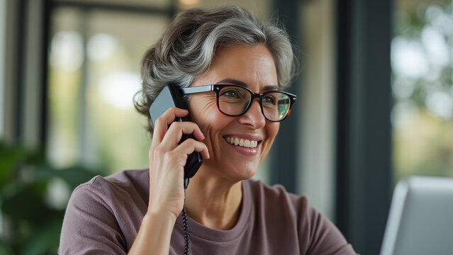 dle aged Hispanic woman enjoys receiving good news over phone as elderly businesswoman helps with social media to stay engaged and focused again.