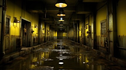 Fototapeta premium A flooded and forgotten industrial corridor, illuminated by flickering overhead lights, casting ominous shadows on the rusted walls and waterlogged floor.